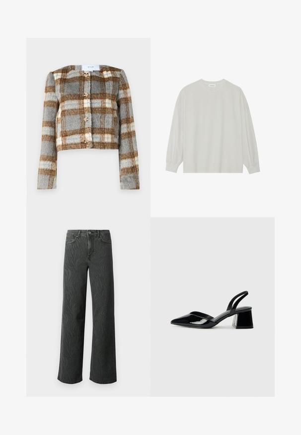 Korthamad jacka i grå, brun och vit rutmönster. Tillverkad av texturerat tyg med fem knappar framtill. Långa ärmar.; Ljusgrå långärmad t-shirt i mjuk bomull. Har en lös passform, rund halsringning och lätt rynkade ärmslut. Utan mönster eller grafik.; Videbeniga jeans i mörkgrå denim, med en subtil zebramönstrad struktur, kontrasterande sömmar och fem fickor med knappsgylf.; Svarta lackläder slingback klackar med spetsig tå och geometrisk klack. Har en elegant, minimalistisk design och slät yta.