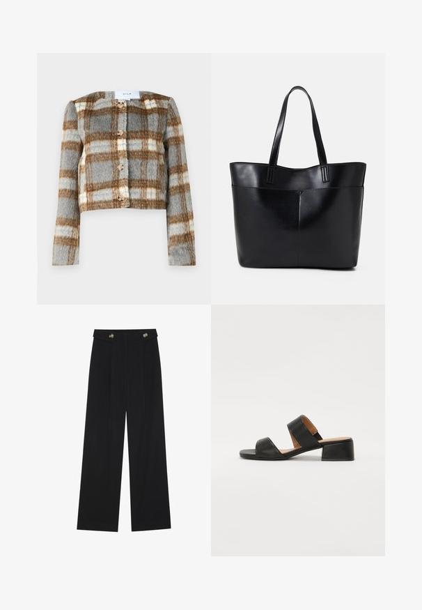Skórzana kurtka w szarym, brązowym i białym kratkowanym wzorze. Wykonana z teksturowanej tkaniny z pięcioma guzikami z przodu. Długie rękawy.; Biała koszulka z krótkim rękawem, wykonana z bawełny. Posiada okrągły dekolt i luźny krój. Gładka faktura bez widocznych wzorów czy akcentów.; Czarne szerokie spodnie z wysokim stanem, z detalami w postaci guzików na pasku oraz plisami z przodu.; Czarne skórzane sandały z dwoma szerokimi paskami na stopie, kwadratowym czubkiem i niskim słupkowym obcasem. Gładka tekstura i minimalistyczny design.; Czarna skórzana torba na ramię z dwoma długimi uchwytami, gładką teksturą i sztywną formą. Posiada przednią kieszeń dla dodatkowego przechowywania.