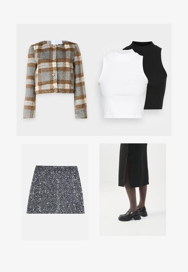 Gecropte Jacke im grau-braun-weißen Karomuster. Hergestellt aus strukturiertem Stoff mit fünf Knöpfen auf der Vorderseite. Lange Ärmel.; Zwei ärmellose, gerippte Rollkragenoberteile in Schwarz und Weiß, mit einer figurbetonten Passform und glatter Textur sowie einer cropped Länge.; Minirock aus silbernen Pailletten mit strukturiertem Muster und geradem Schnitt. Der Stoff wirkt glänzend und reflektierend.; Schwarze Lederschuhe mit abgerundetem Zeh, dicker Blockabsatz und elastischen seitlichen Akzenten, kombiniert mit dunklen Strumpfhosen und einem schwarzen Rock mit Schlitz.