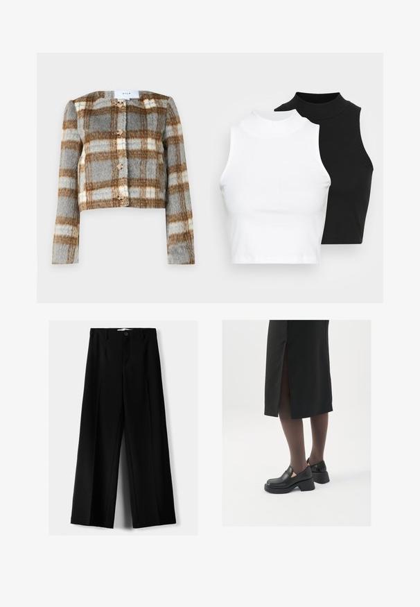 Krátká bunda v šedé, hnědé a bílé kostkované vzoru. Vyrobena z texturované látky s pěti knoflíky vpředu. Dlouhé rukávy.; Dvě bezrukávové halenky s ribovým stojáčkem v černé a bílé barvě, které mají přiléhavý střih a hladkou texturu, s krácenou délkou.; Černé široké kalhoty z lehkého materiálu s předním zapínáním na knoflík a hladkým předním dílem, s pečlivě přišitými lemy.; Černé kožené boty s kulatou špičkou, silným blokovým podpatkem a elastickými bočními akcenty, spárované s tmavými punčochami a černou sukní se rozparkem.