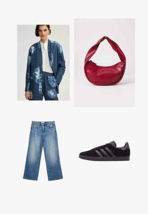 Blå tie-dye-kofta med långa ärmar, öppen fram, och två sidofickor, bärs över en vit skjorta med krage och matchas med blå byxor.; Röd och krämrandig tröja, stickad tyg, rundad hals, långa ärmar, sänkt axel, ribbade manschetter och fåll, lös passform.; Ljusblå denimjeans med vida ben, som har fem fickor, en knappstängning och synlig sömnad längs sömmarna.; Svarta mockaskor med strukturerade gummisulor, försedda med tre svarta läderremmar, rundad tå och vadderad ankelsupport.; Röd vävd läderhandväska med ett böjt, vadderat handtag, dragkedja och en texturerad yta, med en glänsande glans.