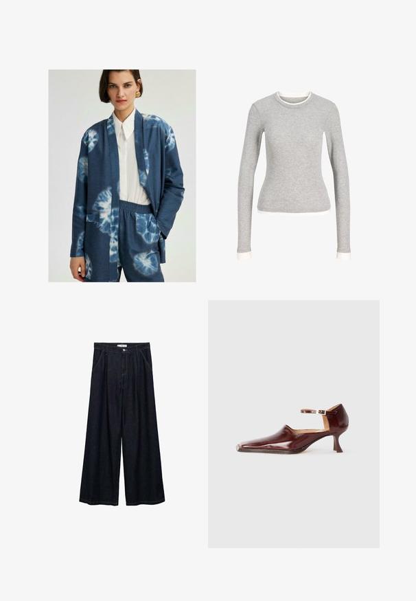 Blue tie-dye cardigan with long sleeves, open front, and two side pockets, worn over a collared white shirt and matched with blue trousers.; Gray long-sleeve shirt with a round neck, featuring a white trim at the neckline and cuffs. Made of soft, textured fabric.; Dark denim wide-leg trousers with a high waist, featuring a front button closure, two side pockets, and stitching details.; Burgundy patent leather shoe with a pointed toe, ankle strap, and a 5 cm tapered heel. Smooth texture and minimalistic design.