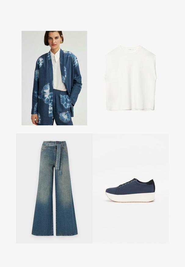 Cardigan blu tie-dye con maniche lunghe, apertura frontale e due tasche laterali, indossato sopra una camicia bianca con colletto e abbinato a pantaloni blu.; Top bianco senza maniche con vestibilità morbida, scollo rotondo, texture liscia e orlo dritto. Design semplice senza motivi o accessori.; Pantaloni in denim a gamba larga con una sfumatura che va dal blu chiaro al blu scuro, vita alta, passanti per cintura e una cintura in tessuto coordinato. Finitura in denim strutturato.; Sneaker blu navy con tomaia in tessuto texturizzato, suola piatta bianca, punta arrotondata e accentuazione nera sul tallone. Presenta sei fori per i lacci.