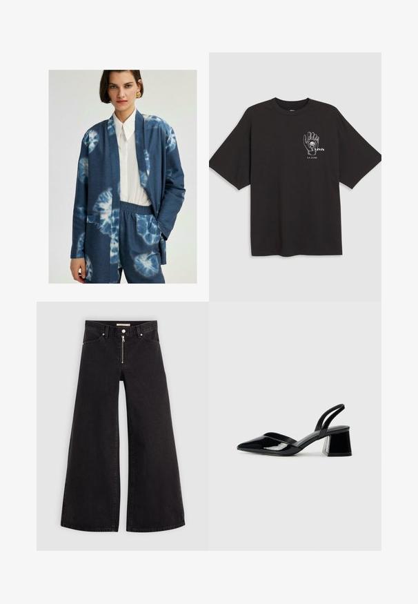 Sinine sidrunimuster cardigan pikkade varrukatega, avatud ees ja kahe küljetaskuga, kantud valge kaelusega särke ja sobitatud siniste pükstega.; Must mustaga T-särk lühikeste käistega, millel on käe graafika ja valge tekst "Levi's LA LUNE" vasakul rinna piirkonnas.; Laiad teksad mustast denimist, millel on lukuga eesmine osa, viie taskuga disain ja peened õmblusdetailid. Sile tekstuur ja juhuslik stiil.; Mustad musta lakknahk kingad, millel on terav varvas ja geomeetriline plokkkonts. Omab elegantselt minimalistlikku disaini ja sujuvat tekstuuri.
