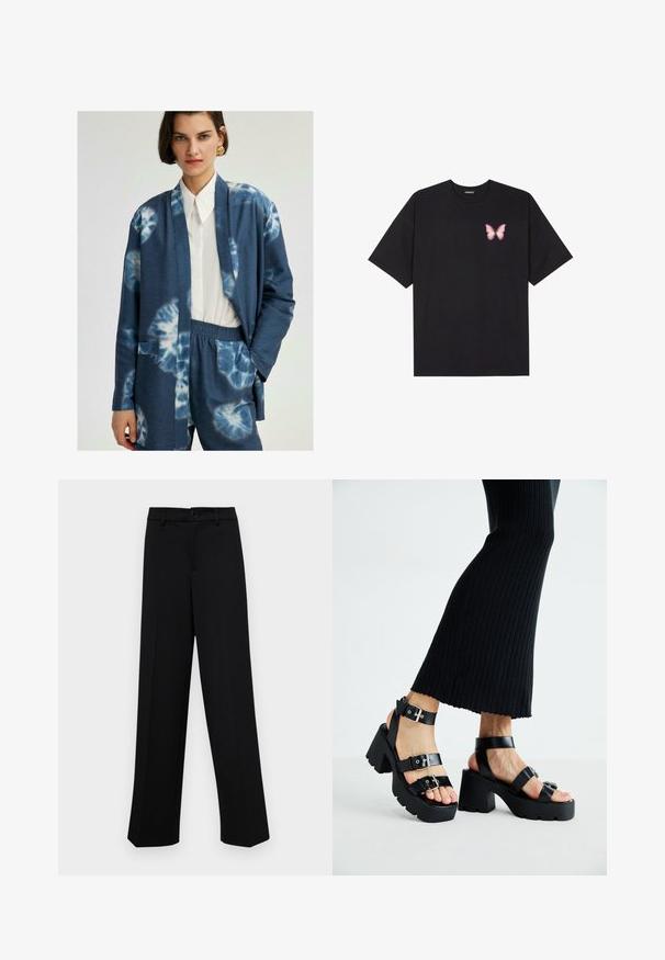 Blue tie-dye cardigan with long sleeves, open front, and two side pockets, worn over a collared white shirt and matched with blue trousers.; Black cotton t-shirt with short sleeves, featuring a small pink butterfly graphic on the left chest. Crew neck design with a relaxed fit.; Black wide-leg trousers made of smooth fabric, featuring a classic waistband with a button closure and front pleats.; Black platform sandals with chunky, lug soles and multiple straps, featuring metal buckles and a smooth leather-like texture.