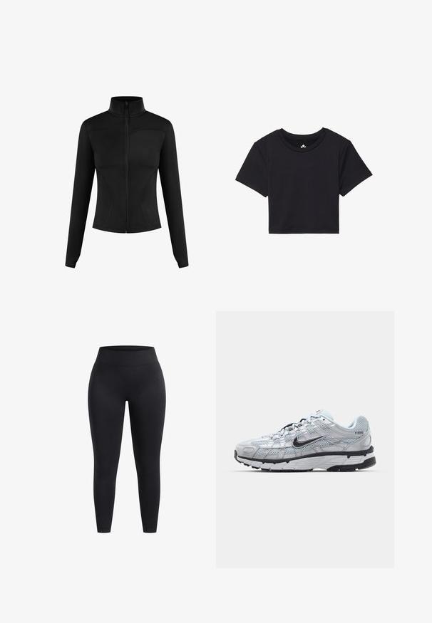 Černá zipová bunda vyrobená ze stretchové tkaniny, s vysokým límcem, dlouhými rukávy a zakřivenými švy pro štíhlý vzhled.; Černé zkrácené tričko s krátkými rukávy, kulatým výstřihem, vyrobené z hladkého materiálu. Minimalistický design bez viditelných vzorů nebo akcentů.; Černé legíny s vysokým pasem vyrobené z elastického materiálu, s hladkým povrchem a délkou po kotníky. Bez vzorů a viditelných kovových detailů.; Tenisky Nike P-6000 s lehkou šedou síťovinou, černými akcenty a odolnou černou gumovou podrážkou. Vyznačují se složitým designem a systémem šněrování.