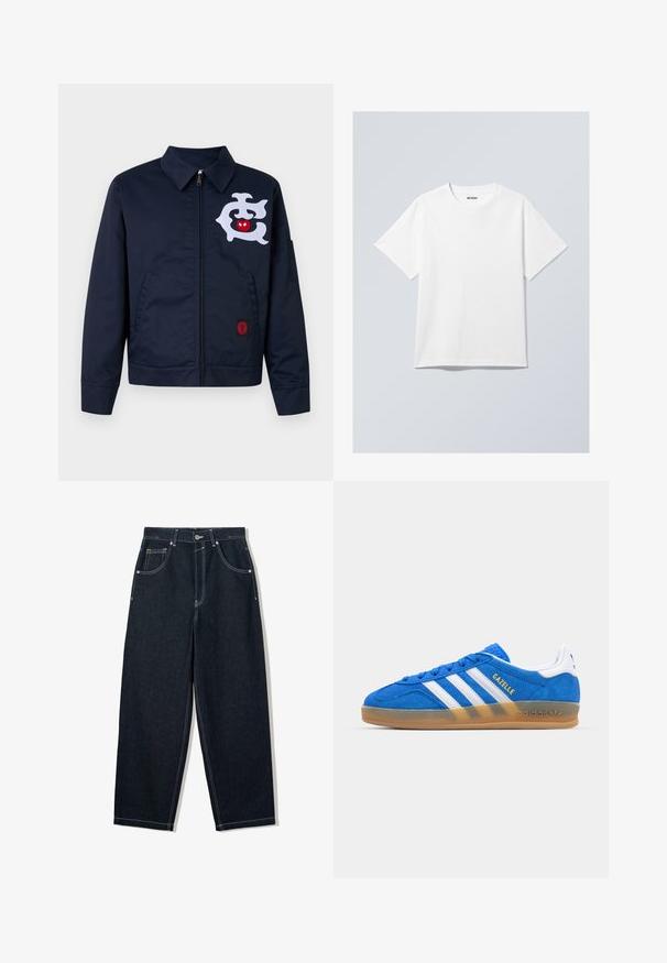 Icecream WORK - Ľahká bunda - navy; Biely bavlnený tričko s okrúhlym výstrihom, krátkymi rukávmi a voľným strihom. Má značkovú etiketu s nápisom "WEEKDAY" na výstrihu.; Široké tmavé denims nohavice s kontrastným bielym prešívaním, piatimi vreckami a zapínaním na gombík. Vyznačujú sa vysokým pásom.; Modré semišové tenisky s bielymi pruhmi a textom "Gazelle". Obsahuje základňu z gumovej gumy a texturované detaily na hornej časti. Klasický dizajn.
