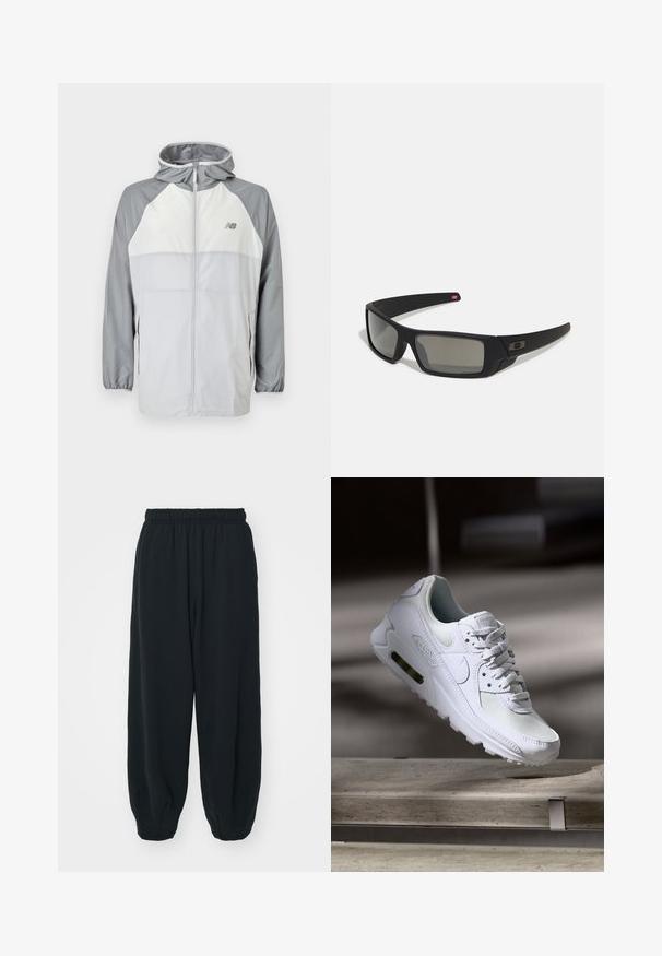 Huppari harmaana ja valkoisena vetoketjulla, jossa on huppu. Ominaisuuksiin kuuluu raglan-hihat, sivutaskut ja logo rinnassa. Sileä, kevyt kangas.; Musta puuvillainen collegepaita, jossa on pyöreä kaula-aukko, pitkät hihat ja pieni valkoinen Nike-logo vasemman rinnan yläosassa.; Mustat, elastisella vyötäröllä varustetut collegehousut, joissa on löysä istuvuus, cuffattu lahje, sileä pinta ja ilman näkyviä kuvioita tai varusteita.; Valkoiset Nike Air Max 90 -lenkkarit, joissa on verkko- ja nahkapinta, rei'itetty kärki ja näkyvä ilmayksikkö kantapäässä.; Mustat aurinkolasit matta-pinnalla, suorakulmaiset linssit, hieman kaarevat tempaukset, hienovarainen logo-yksityiskohta ja savunväriset linssit.