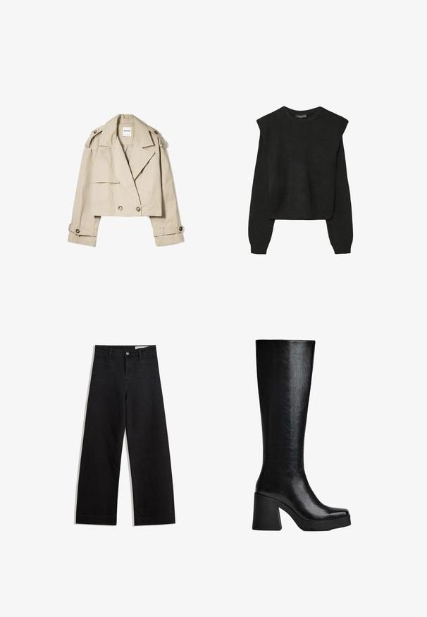 Bežna skrajšana trench jakna iz lahkega materiala, z dvojnim zapenjanjem spredaj, velikimi ovratniki in gumbi na manšetah.; Črn dolgi pulover iz pletenine z oblazinjenimi rameni ter rebrastimi manšetami in robom, prikazan na beli podlagi.; Črne široke denim hlače z visokim pasom, ki imajo sprednje in zadnje žepe, šivane šive ter gumbasto zapiranje. Gladka tekstura.; Črne škornje do kolen, izdelane iz teksturiranega sintetičnega materiala, z ovalnim nosom, debelim visokim peto in gladko, sijočo površino.
