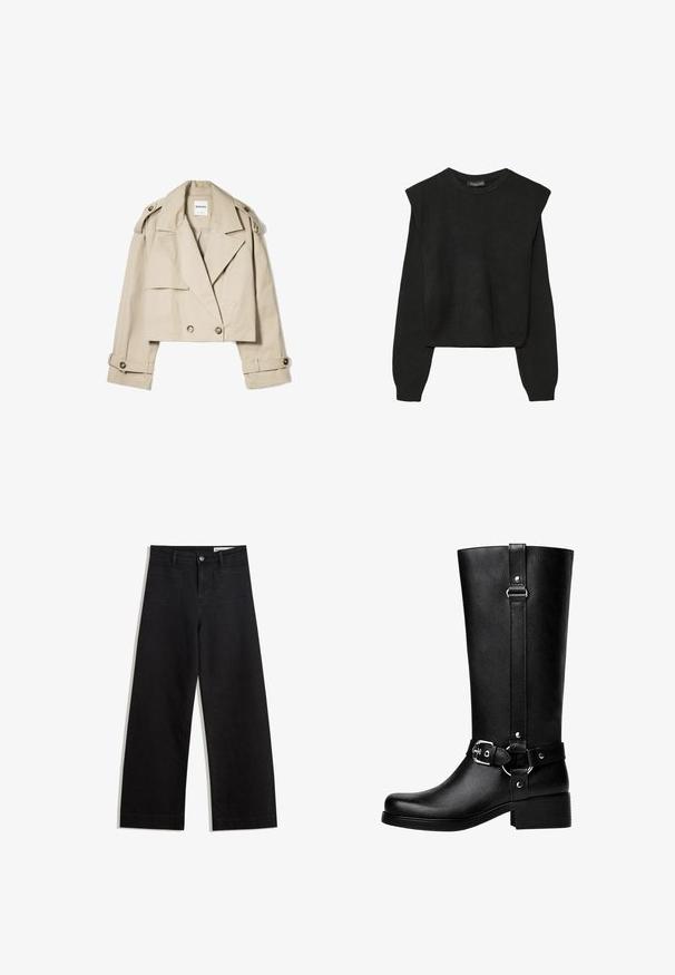 Béžový krátky trenčkot vyrobený z ľahkého materiálu, s dvojradovým zapínaním, veľkými klopami a gombíkovými manžetami.; Čierny pletený sveter s dlhými rukávmi, vycpanými ramenami a rebrovanými nápletmi a spodným okrajom, zobrazený na bielom pozadí.; Čierne denimové nohavice s širokými nohavicami a vysokým pásom, so prednými a zadnými vreckami, šitými švami a zapínaním na gombík. Hladká textúra.; Vysoké čierne botas z umelého koženého materiálu s okrúhlou špičkou, detailom s prackou na opasku a hrubým podpätkom. Hladká textúra a vertikálny šev na nohavici.