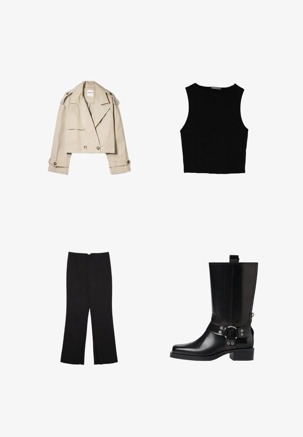 Beige cropped trenchcoat lavet af letvægtsstof, med en dobbeltradet front, store reverser og knappede ærmer.; Sort ærmeløs crop top lavet af glat stof, med rund hals og et rent, enkelt design uden mønstre eller hardware.; Sorte bukser med lige pasform, der har frontlommer og slidser i kanten. Lavet af blødt, glat stof. Velegnet til forskellige anledninger.; Sort læderknæhøj støvle med spids tå, sølv spænde detaljer og en robust hæl. Har en trækflap for nem påtagning.