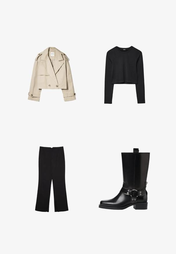 Bežani skraćeni trench kaput napravljen od laganog materijala, s dvostrukim kopčanjem, velikim reverima i dugmadima na manžetama.; Crni dugi rukav uski crop top s okruglim izrezom, jednostavnog dizajna i blago zakrivljenim rubom.; Crne hlače ravnog kroja, s prednjim džepovima i bočnim prorezima na rubu. Izrađene od mekog i glatkog materijala. Pogodne za razne prigode.; Crne kožne čizmice do koljena s šiljastim prstima, sličnim srebrnim kopčama i debelim potplatima. Imaju rupicu za lakše oblačenje.