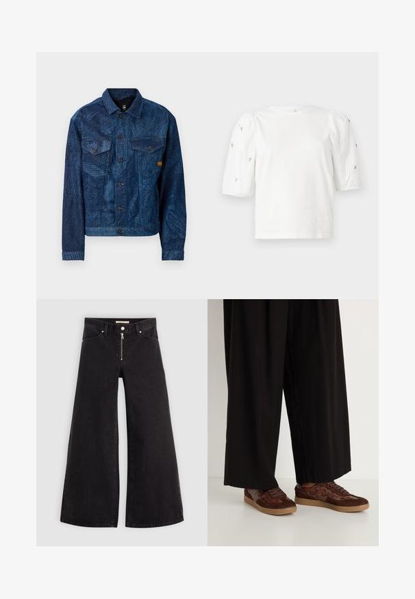 G-STAR RELAXED JACKET - Teksajakk - dark blue denim; Valge puuvillane T-särk lühikeste puffkäistega, millel on väikesed hõbedased kaunistused käiste servades. Klassikaline ümmargune kaelus, vaba ja mugav lõige.; Laiad teksad mustast denimist, millel on lukuga eesmine osa, viie taskuga disain ja peened õmblusdetailid. Sile tekstuur ja juhuslik stiil.; Pruunid tossud, millel on segamaterjalist disain, sealhulgas samet ja madusid jäljendavad aktsendid, ümar varvas, nööbilukuga kinnitamine ja tekstureeritud kummist tallad.