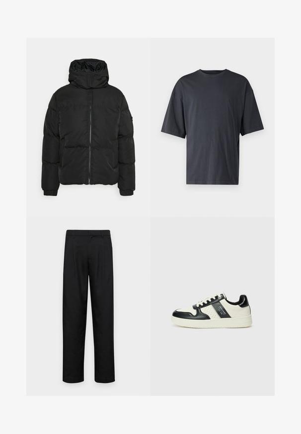 Brave Soul BRETON - Casaco de inverno - black; T-shirt de manga curta, cinza escuro, feita de algodão leve, com um corte solto e decote redondo clássico, com textura lisa e sem padrões.; Calças pretas feitas de tecido suave, com um design de perna reta, dois pregas frontais e uma cintura padrão com passantes para cinto.; Ténis de couro com um esquema de cores em preto e creme, apresentando detalhes perfurados, um colarinho acolchoado e uma sola texturizada.