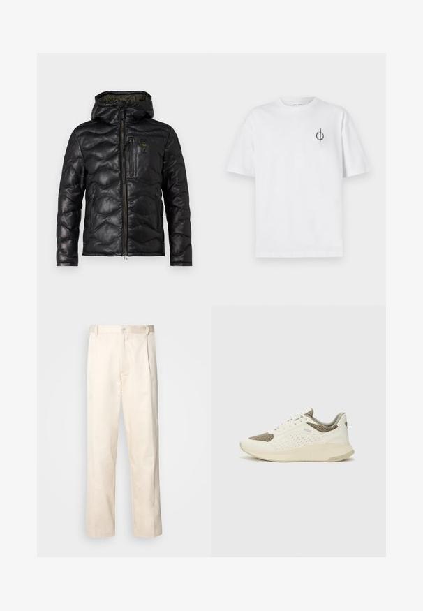 Blauer DROHAN - Veste d'hiver - black; T-shirt en coton blanc avec une coupe décontractée, présentant un petit logo graphique noir sur le côté gauche de la poitrine. Manches courtes, col rond.; Pantalon en coton beige avec une coupe droite, présentant une fermeture à bouton et des plis sur le devant pour plus de détails.; Basket de sport blanche et beige clair, avec une tige en maille, des détails perforés et une semelle intermédiaire texturée avec un logo sur le talon.