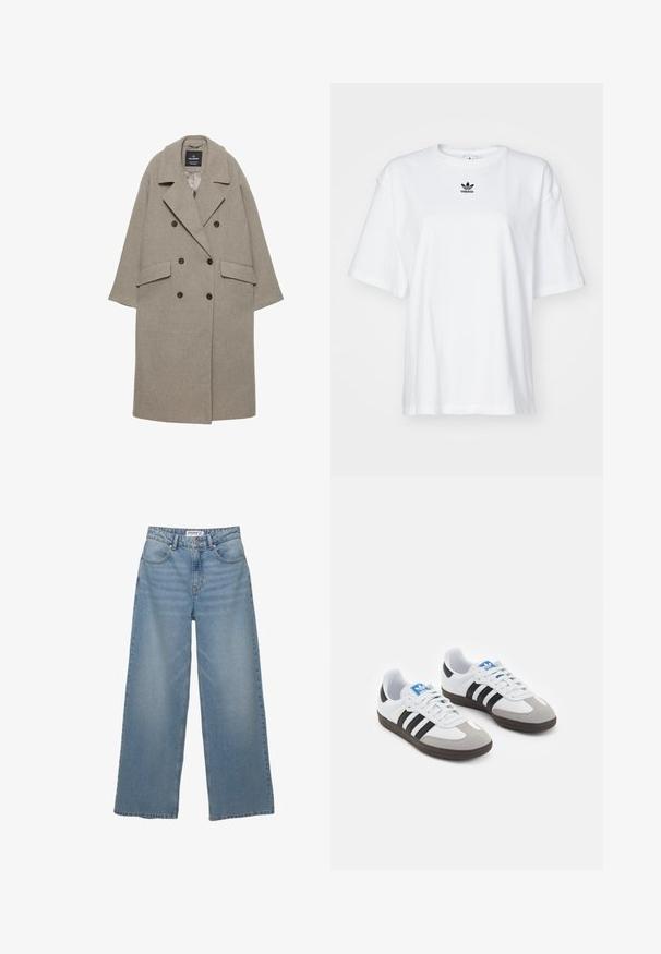 Grijze dubbelzijdige jas van een wolmix, met grote revers, twee voorzakken en zes zwarte knopen aan de voorkant.; Witte korte mouwen t-shirt van katoen. Voorzien van een ronde hals en een klein zwart Adidas-logo op de borst. Rechthoekige zoom.; Lichtblauwe wijde jeans van denim. Heeft een hoge taille, vijf zakken en een rechte pasvorm met minimale vervaging.; Sportschoenen met een witte leren bovenkant, grijze suède neus en drie zwarte strepen. Bevat een blauw logo op de tong en een gestructureerde rubberen zool.