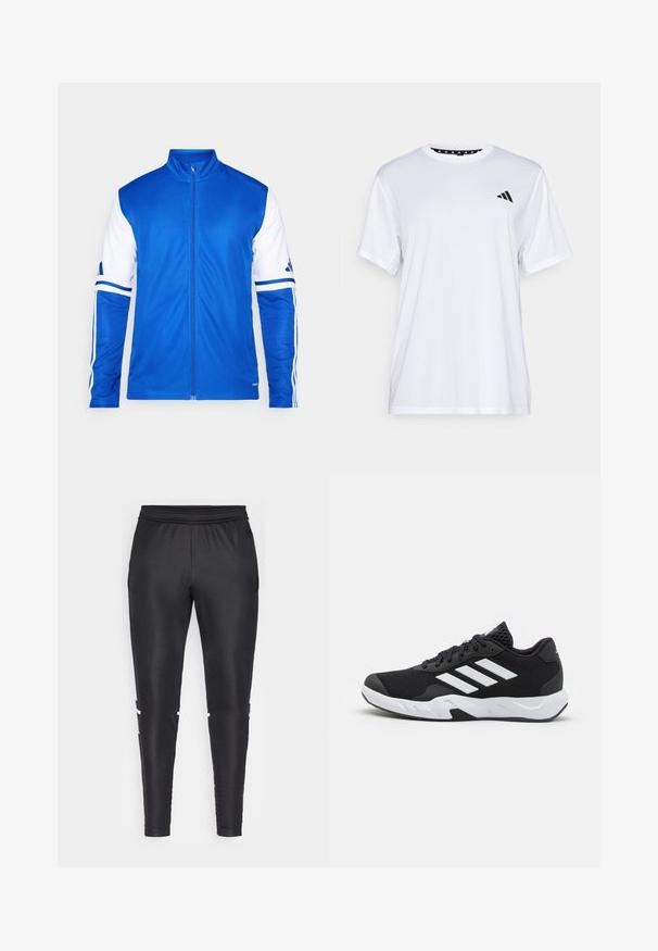 Blaue Sportjacke mit durchgehendem Reißverschluss, hohem Kragen, weißen Ärmeln und drei weißen Streifen auf den Schultern. Hergestellt aus glattem, leichtem Material.; Weißes sportliches T-Shirt mit kurzen Ärmeln, aus feuchtigkeitsableitendem Material. Mit einem schwarzen Logo auf der linken Brust und einem gemusterten Innenkragen.; Schwarze Sporthose aus glattem Material, mit tailliertem Schnitt, elastischem Bund und weißen Akzentstreifen an den Seiten.; Schwarze Sportschuhe mit einem strukturierten Mesh-Obermaterial, weißen Akzentstreifen, einer gepolsterten Sohle und einer verstärkten Ferse für Unterstützung.