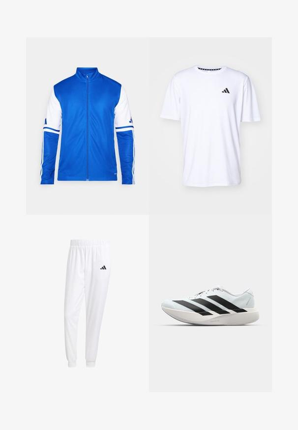 Blue athletic jacket with full zip, high collar, white sleeves, and three white stripes on shoulders. Made of smooth, lightweight fabric.; White short-sleeve t-shirt made of fabric with a smooth texture. Features a black adidas logo on the left chest and a patterned collar.; White athletic pants made of smooth fabric, featuring an elastic waistband and fitted cuffs, with a black logo on the back pocket.; Lightweight running shoes in pale blue with black stripes. Features a smooth upper, round toe, and thick white midsole labeled "LIGHTSTRIKE PRO."