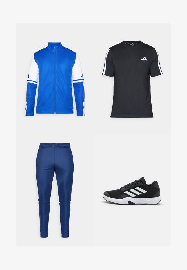 Mėlynas sportinis džemperis su pilnu užtrauktuku, aukšta apykakle, baltomis rankovėmis ir trimis baltais dryžiais ant pečių. Pagamintas iš lygaus, lengvo audinio.; Juodas medvilninis marškinėlis trumpomis rankovėmis, su baltais dryžiais ant pečių ir baltu logo kairiajame krūtinėje.; Jūriniai sportiniai kelnės su lygiu, glotniu paviršiumi, su baltomis šoninėmis juostelėmis, elastingu juosmeniu ir siaurėjančio kirpimo dizainu.; Juodi sportiniai batai su tekstūruotu tinkliniu paviršiumi, baltais akcentų dryžiais, paminkštintu padu ir sustiprintu kulnu paramai.