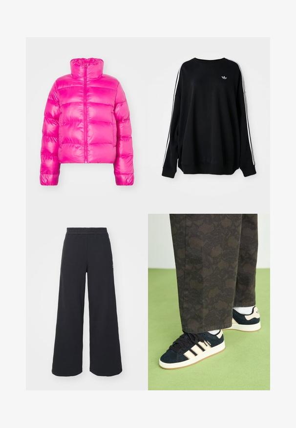 Spilgti rozā īsā pūķīšu jaka ar augstu apkakli, kam ir pilnīgs priekšējais rāvējslēdzējs un quilted tekstūra visā jānā.; Melns pārspīlēts džemperis no mīkstas auduma, ar baltām svītrām gar piedurknēm un mazu logo uz krūtīm. Apaļš kakls.; Melni platās svārku bikses, izgatavotas no mīksta auduma, ar elastīgu jostas daļu un mazu logotipu kreisajā pusē.; Melna un rakstaina bikses, kas saskaņotas ar tumši ziliem zamšādas sporta apaviem ar krēma krāsas svītrām un baltām zolem. Virsmas ir tekstūras un plakanas.