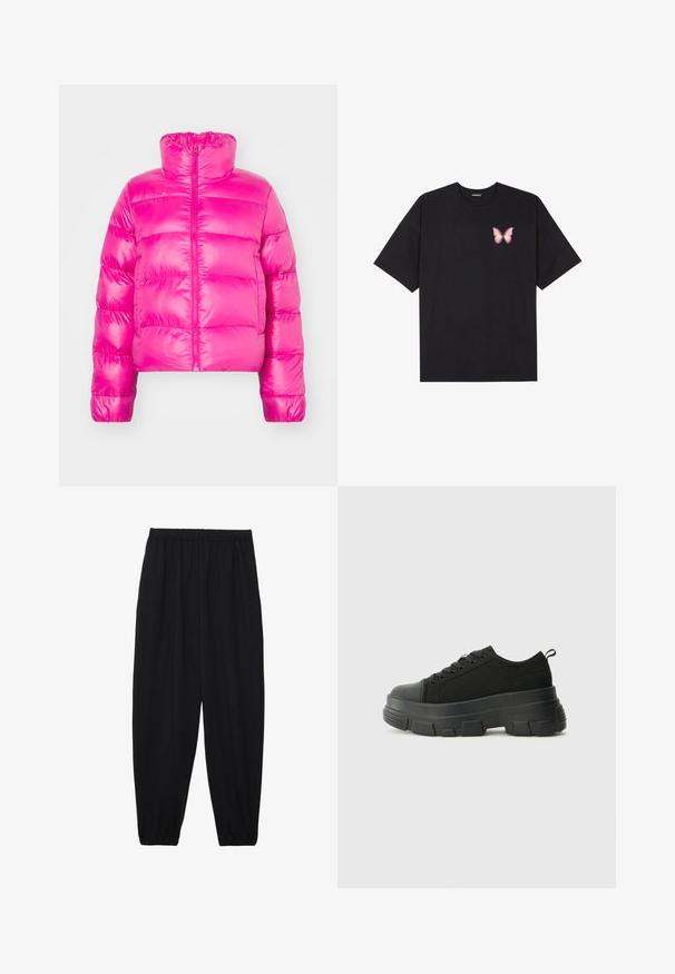 Ryškiai rožinė trumpa puffer striukė su aukštu apykakle, turinti pilną priekį užtrauktuką ir suklijuotą tekstūrą per visą kūną.; Juodas medvilnės marškinėliai trumpomis rankovėmis, su maža rožine drugelio grafika kairėje krūtinės pusėje. Apvalus kaklo iškirpimas, laisvas kirpimas.; Juodi, lengvi kelnių su elastinga juosmens juosta ir surinktais kulkšniais. Audinys yra lygus ir turi atsipalaidavusį, siaurėjantį dizainą.; Juodos sportinės bateliai su stambiu guminiais padu, tekstūrizuotu audinio viršumi, apvaliu pirštu ir raištelių uždarymu. Yra sutvirtinti akių angos ir nugaros kilputė.