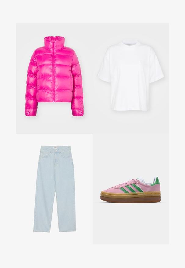 Chaqueta de plumas corta de color rosa brillante con cuello alto, que presenta una cremallera frontal completa y una textura acolchada en el cuerpo.; Camiseta de algodón blanca con cuello redondo, mangas cortas y un corte relajado. Presenta un logo sutil en el área del pecho izquierdo. Textura suave.; Jeans de mezclilla de pierna ancha en azul claro, con una cintura de altura media, cinco bolsillos y un cierre de botón con un acabado metálico delgado.; Zapatillas de ante rosa con rayas verdes, acentos blancos y una suela de goma marrón. Presentan un tejido texturizado y detalles del logo en el costado.