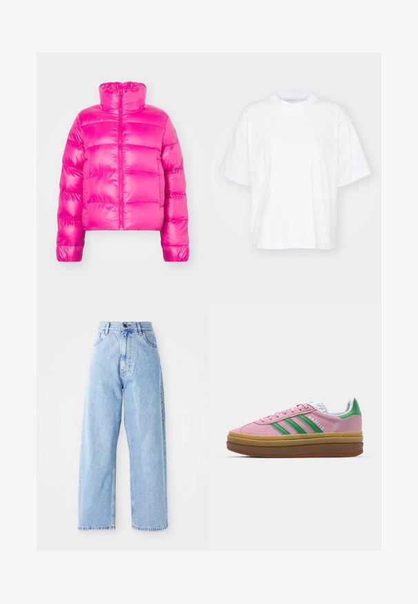 Chaqueta de plumas corta de color rosa brillante con cuello alto, que presenta una cremallera frontal completa y una textura acolchada en el cuerpo.; Camiseta de algodón blanca con cuello redondo, mangas cortas y un corte relajado. Presenta un logo sutil en el área del pecho izquierdo. Textura suave.; Jeans de mezclilla de tiro alto en color azul claro, con piernas rectas y anchas, cierre frontal con botón y cremallera, y bolsillos delanteros y traseros.; Zapatillas de ante rosa con rayas verdes, acentos blancos y una suela de goma marrón. Presentan un tejido texturizado y detalles del logo en el costado.