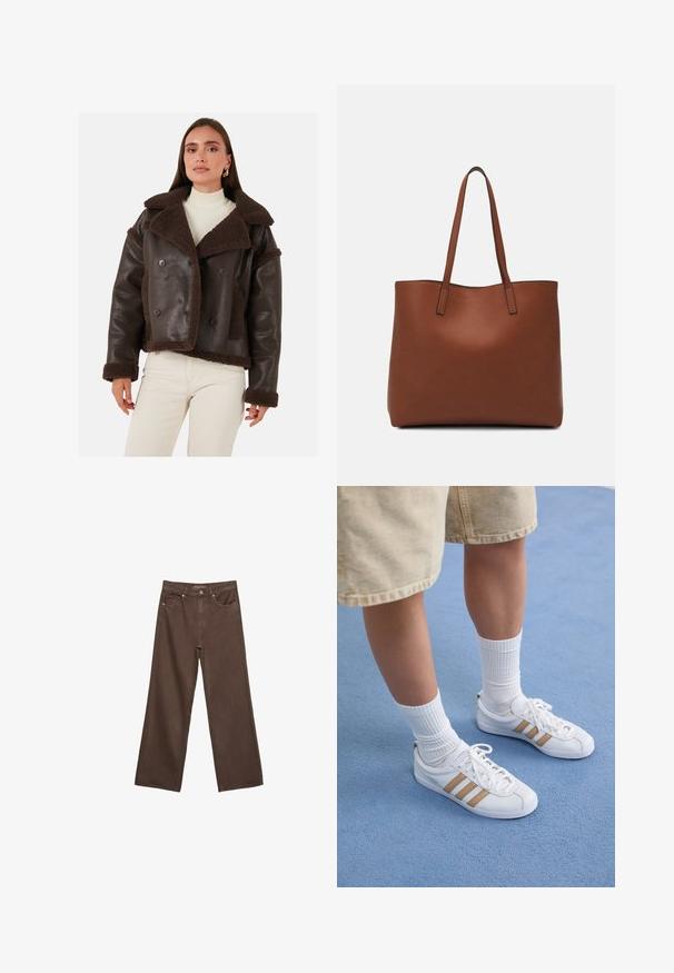 Žena u tamno smeškoj kožnoj jakni podstavljene ovčijom dlakom, ispod koje nosi belu rebrastu rolku i krem pantalone, stoji ispred jednostavne pozadine.; Tamno smeđi pleteni pulover s okruglim izrezom, spuštenim ramenima, rebrastim manžetama i rubom, karakteriziran mekim teksturom i opuštenim krojem.; Proširene smeđe traperice od denima, s visokim strukom, prednjim džepovima i klasičnom kopčom na dugme. Glatka tekstura s suptilnim šavovima.; Bijele tenisice s tri zlatne pruge, vezivanje na vezice, gumeni potplat, nosi se s rebrastim bijelim čarapama i bež kratkim hlačama na plavoj površini.; Smeđa kožna torba preko ramena s glatkom teksturom, otvorenim vrhom i dvjema naramenicama. Ima minimalne šavove i nema vidljivog hardvera.