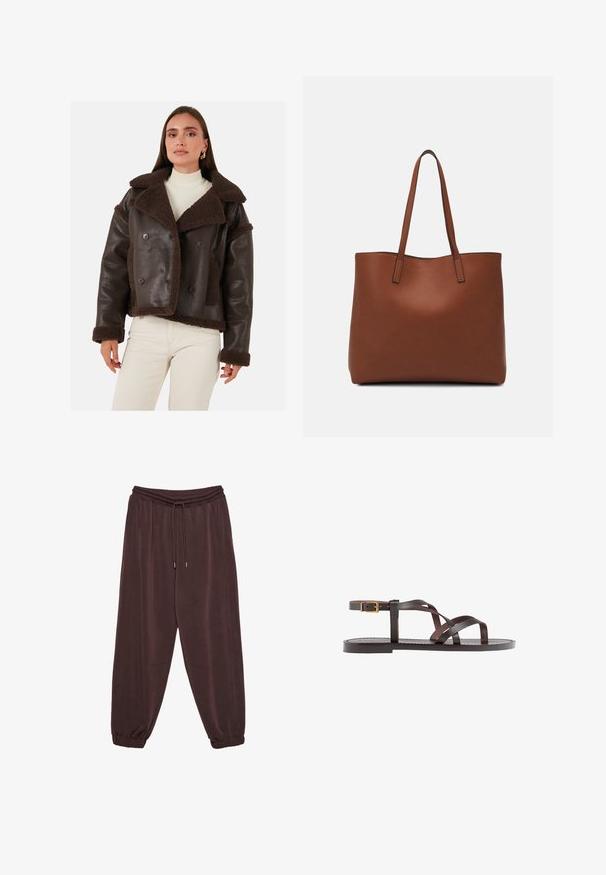 Žena u tamno smeškoj kožnoj jakni podstavljene ovčijom dlakom, ispod koje nosi belu rebrastu rolku i krem pantalone, stoji ispred jednostavne pozadine.; Smeđa oversized majica od pamuka, s okruglim izrezom, kratkim rukavima i opuštenim krojem. Glatka tekstura bez vidljivih uzoraka.; Smeđe trenirke od mekog materijala, s elastičnim pojasom sa čipkom, bočnim džepovima i elastičnim manžetama na gležnjevima.; Smeđe kožne sandale s iskrižanim trakama, umetkom za zapešće s kopčanjem i ravnim potplatom s minimalnim detaljima šivanja.; Smeđa kožna torba preko ramena s glatkom teksturom, otvorenim vrhom i dvjema naramenicama. Ima minimalne šavove i nema vidljivog hardvera.