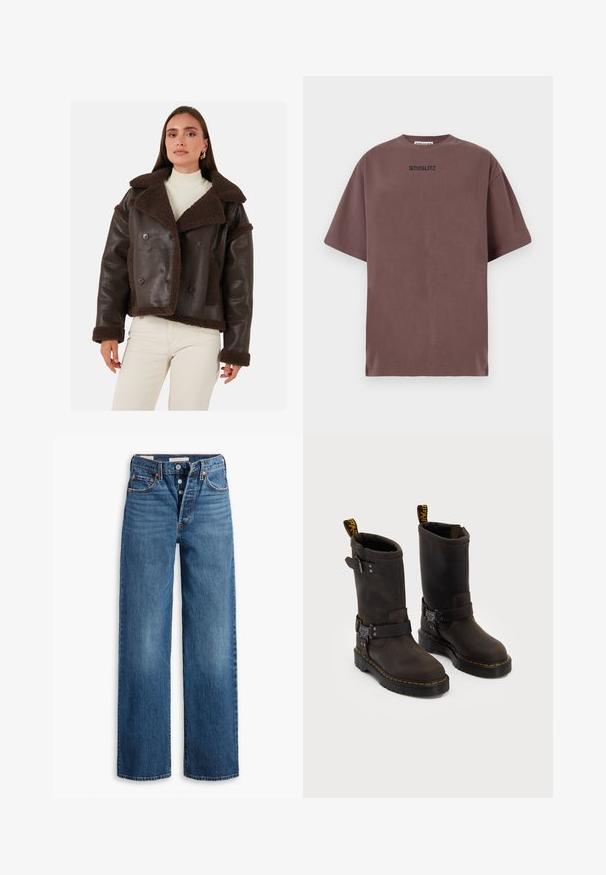 Nainen, jolla on päällään tummanruskea, karvavuorinen nahkatakki, valkoinen ribbimekko ja vaaleankermanväriset housut, seisoo yksinkertaista taustaa vasten.; Ruskea puuvillapaita rentoa leikkuuta, pyöreää kaula-aukkoa ja lyhyitä hihoja. Rinnassa musta 'STIEGLITZ' -teksti. Sileä pinta.; Siniset farkut, joissa on leveälahkeinen muotoilu, viisi taskua, nappikiinnitys ja erottuva ompelu. Teksturoitu kangas, jossa on haalistunut pinta.; Tummanruskeat nahkakengät, joissa on keskipolven pituinen muotoilu, keltaiset ompeleet, säädettävät solkihihnat ja vetonauhat ylhäällä. Rapeutettu pinta.