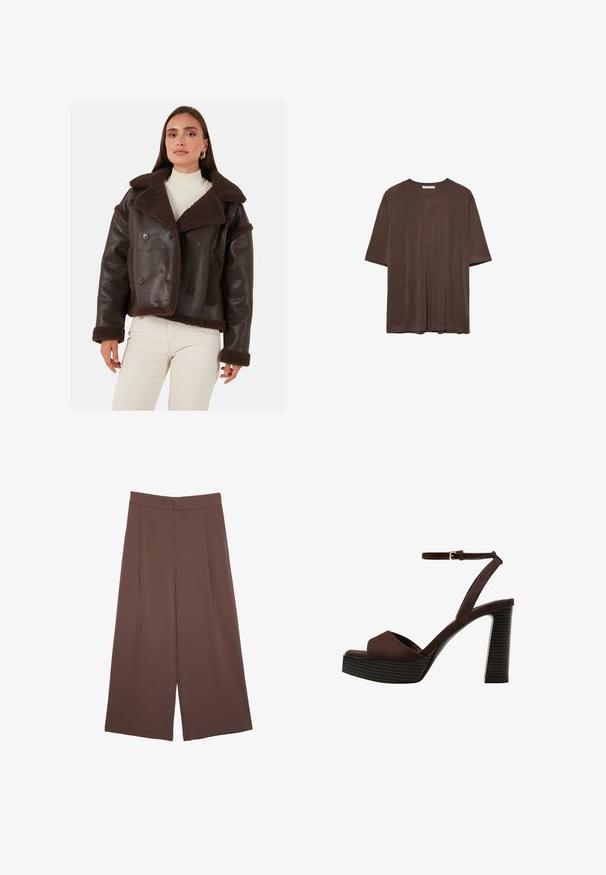 Žena oblečená v tmavo hnedom koženom kabáte s ovčou srsťou, pod ktorým má biely rebrovaný rolák a krémové nohavice, stojí pred jednofarebným pozadím.; Hnedé tričko s krátkym rukávom vyrobené z mäkkej textílie, s okrúhlym výstrihom a uvoľneným strihom. Hladká štruktúra bez vzorov alebo akcentov.; Hnedé nohavice so širokými nohavicami a hladkou textúrou, s vysokým pásom a prednými skladmi. Tkanina je ľahká a voľne sa pohybuje.; Hnedé semišové sandále na vysokom podpätku s otvorenou špičkou, nastaviteľným členkovým remienkom a pruhovanou platformovou podrážkou.