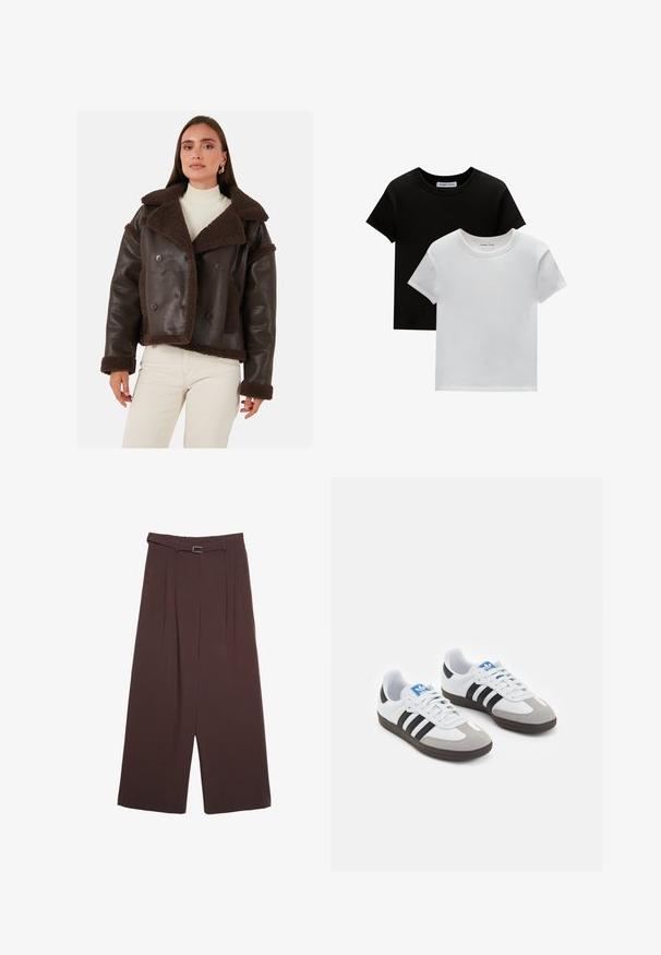 Kvinde iført en mørkebrun lammeskindsjakke med pelsfor over en hvid ribbet turtleneck og cremefarvede bukser, stående foran en ensfarvet baggrund.; To crew-neck t-shirts i sort og hvid, lavet af bomuld. De har korte ærmer og et ensfarvet design uden mønstre eller accenter.; Stradivarius WIDE-LEG WITH BUCKLE DETAIL - Bukser - dark brown; Sportsko med en overdel i hvid læder, grå ruskind på tåen og tre sorte striber. Har et blåt logo på tungen og en struktureret gummisål.