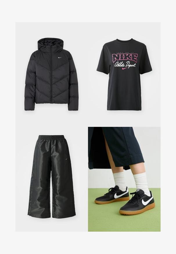 Črna puhovka z zadrgo in kapuco. Chevron vzorec na telesu, z majhnim belim logotipom na prsih. Gladka tekstura.; Črna bombažna majica s kratkimi rokavi, ki vključuje grafični potisk v roza in beli barvi ter besedilo "JUST DO IT," "NIKE," in "Athletic Depart." Standardna prileganje.; Črne atletske hlače iz sijočega, gladkega blaga, z elastiko v pasu, širokimi nogami in majhnim logotipom na levi strani.; Črne usnjene in sintetične superge z belim Nike swooshom, gumo na podplatu, okroglo konico ter črnimi vezalkami. Vidne so rebraste bele nogavice.