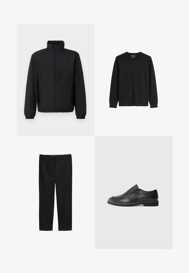 Melna jaka ar augstu apkakli, priekšējais iešuvums ar rāvējslēdzēju, elastīgas aproces un jostasvieta. Gluda tekstūra, vienkāršs dizains bez rakstiem vai akcentiem.; Melna ilgu piedurkņu džemperis ar apaļu kakla izgriezumu, ar ribotiem aprocēm un apakšmali, ar uzrakstu "organiskā kokvilna" no Marc O’Polo.; Melnas bikses ar taisnu piegriezumu, izgatavotas no teksturēta auduma. Tām ir divas priekšējās kabatas un pogu aizdare jostasvietā.; Melnas ādas slip-on kurpes ar gludu augšdaļu, izšūtām akcentiem, noapaļotu purngala daļu un zemu gumijas papēdi. Zole ar minimālu rakstu.