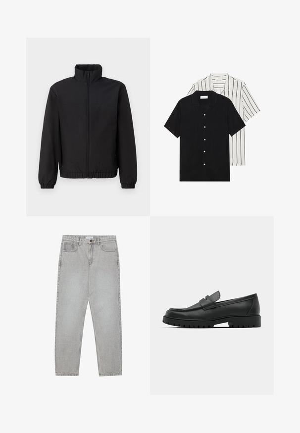 Black jacket with a high collar, front zipper, elastic cuffs, and waistband. Smooth texture, simple design without patterns or accents.; Two short-sleeve shirts: one solid black, one white with black vertical stripes. Both feature button closures and a classic collar.; Light grey denim pants with a straight-leg design, five-pocket styling, and a button closure. Visible stitching along the seams.; Black leather loafers with a rounded toe, featuring a stitched design, low platform sole, and a textured, lugged rubber outsole.