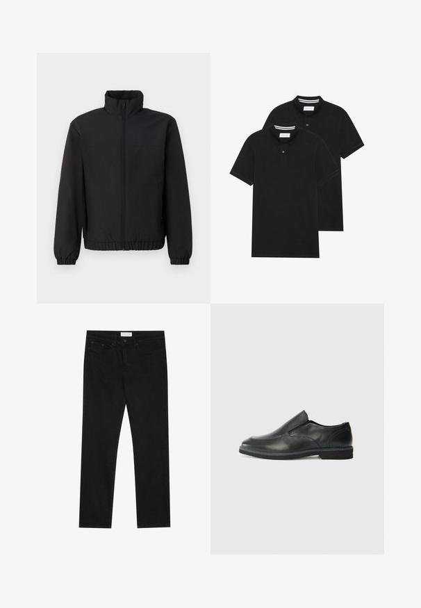 Zwarte jas met hoge kraag, een ritssluiting aan de voorkant, elastische manchetten en een elastische tailleband. Gladde textuur, eenvoudig ontwerp zonder patronen of accenten.; Twee zwarte polo shirts, met korte mouwen, van katoen, met een klassieke kraag, een knoopsluiting met twee knopen en witte gestreepte accenten aan de binnenkant van de kraag.; Zwarte straight-leg jeans met een vijf-pocket ontwerp, knoop- en ritssluiting, en een Pier One merklabel op de tailleband.; Zwarte leren instapper met een soepele bovenkant, gestikte accenten, ronde neus en een lage rubberen hak. De zool heeft minimale profiel.