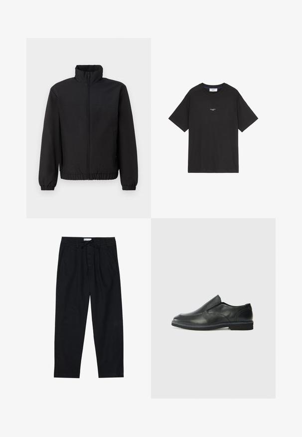 Jachetă neagră cu guler înalt, fermoar frontal, manșete elastice și talie elastică. Textură netedă, design simplu fără modele sau accente.; Tricou din bumbac negru cu guler rotund și mâneci scurte. Prezintă un detaliu mic cu un logo alb în față. Design simplu, croială relaxată.; Pier One Pantaloni chino - black; Pantof de piele neagră, tip slip-on, cu un superior neted, accente cusute, vârf rotunjit și un toc jos din cauciuc. Talpa are un profil minim de aderență.