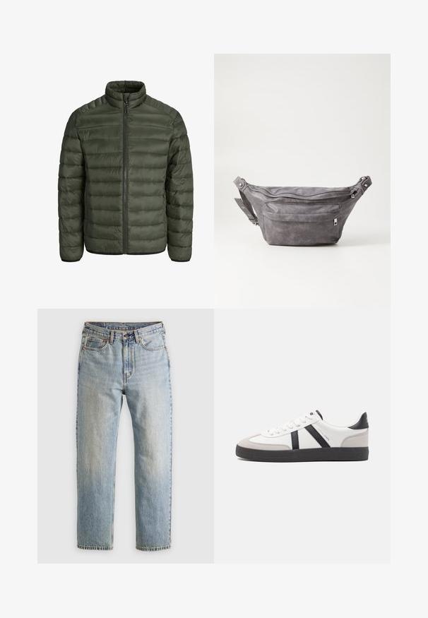 Maslinasto zeleni pufast jakna s visokim ovratom, horizontalnim šavovima, zatvaranjem na zip i elastičnim manžetama. Glatki, lagani materijal.; Bežani pulover s četvrtim zipom od mekanog pletiva. Ima rebrasti ovratnik i manžete, s opuštenim krojem i bezšavnim dizajnom.; Svijetloplave traperice visoki struk, prednji gumb, zatvarač i dizajn s pet džepova, položene ravno na neutralnoj pozadini.; Bijele tenisice s crnim i sivim detaljima, s teksturiranim sivim zaštitnikom prstiju, crnim gumene potplate i ravnim bijelim vezicama. Čist dizajn, minimalistički stil.; Siva zamšasta torbica preko struka sa zaobljenim oblikom, dva zip zatvorena odjeljka i podesivim remenom. Sadrži metalne naglaske.