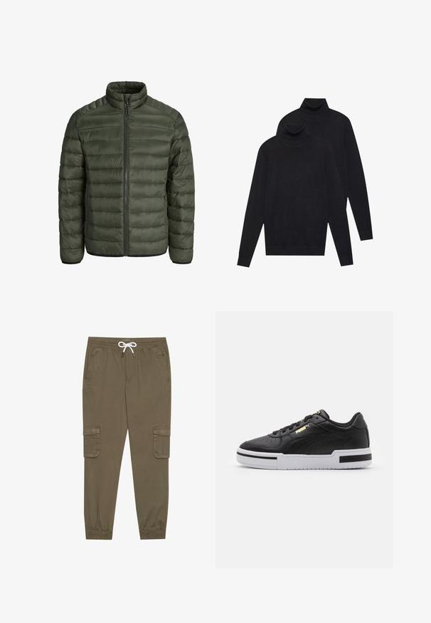 Maslinasto zeleni pufast jakna s visokim ovratom, horizontalnim šavovima, zatvaranjem na zip i elastičnim manžetama. Glatki, lagani materijal.; Dva crna pulovera s dugim rukavima i visokim ovratnikom, jednostavna pletenina, složeni jedan iza drugog na bijeloj pozadini.; Khački cargo hlače s elastičnom strukom i vezicom, s bočnim džepovima i suženim gležnjevima. Izrađene od teksturiranog, laganog materijala.; Crne kožne tenisice s bijelim potplatom, perforiranim nosom, zlatnim logotipom, podstavljenim ovratnikom i kontrastnim crnim detaljima sa strane.