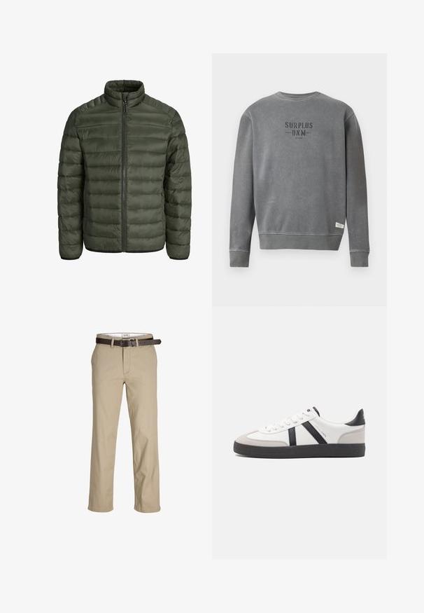 Olišu zaļas krāsas pūkains mētelis ar augstu apkakli, horizontāliem šuvumiem, rāvējslēdzēja aizdari un elastīgām aprocēm. Gluda, viegla auduma.; Pelēks ilgām piedurknēm kreklas ar apvalku, uz kura krūšu daļas melnā krāsā ir uzdrukāts teksts "SURPLUS DNM", un neliela balta birka netālu no hem.; Beige kokvilnas bikses ar taisnu griezumu, ar jostu cilpiņām, brūnu ādas jostu un klasisku dizainu. Gluda, izturīga tekstūra.; Baltas sneakeris ar melniem un pelēkiem akcentiem, kuram ir teksturēts pelēks purngals, melna gumijas zole un plakanas baltas šņores. Tīrs dizains, minimālisma stils.