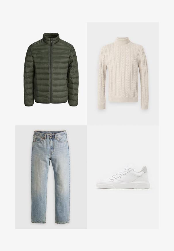 Oliven Grøn Pufferjakke med høj krave, vandret syninger, lynlås lukning og elastiske manchetter. Glat, let materiale.; Beige, strikket sweater med en høj, ribbet turtleneck. Har et struktureret kabelmønster samt ribbede ærmer og kant, hvilket giver et hyggeligt udseende.; Lysblå denim jeans med høj talje, frontknap, lynlås og fem-lomme design, lagt fladt på en neutral baggrund.; Hvide lædersneakers med en glat finish, rund tå, flade snørebånd og en struktureret sål. Grå ruskindsdetalje ved hælen.