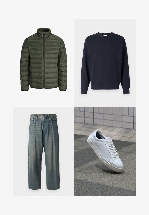 Olivově zelená péřová bunda s vysokým límcem, vodorovným prošíváním, zipovým zapínáním a elastickými manžetami. Hladký, lehký materiál.; Tmavě modrá mikina vyrobená z bavlny, s kulatým výstřihem, dlouhými rukávy, ribovými manžetami a jednoduchým designem bez viditelných grafik.; Světle modré denimové džíny s volným střihem, středně vysokým pasem a rovnými nohavicemi. Obsahují pět kapes, poutka na opasek a zapínání na knoflík.; Bílé kožené tenisky s hladkým povrchem, šněrovacím designem a zaoblenou špičkou. Mají texturovanou gumovou podrážku a minimalistické detaily.