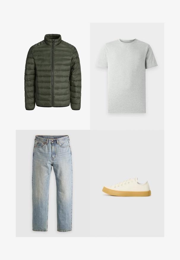 Olišu zaļas krāsas pūkains mētelis ar augstu apkakli, horizontāliem šuvumiem, rāvējslēdzēja aizdari un elastīgām aprocēm. Gluda, viegla auduma.; Gai pelēks īsām piedurknēm T-kreklis ar apaļu kakla izgriezumu, attēlots uz baltas fona, priekšskats bez redzamām logo vai dizainiem.; Gai zila denima bikses ar augstu jostasvietu, priekšējo pogu, rāvējslēdzēju un piecu kabatu dizainu, izlīdzinātas uz neitrāla fona.; Kanvasas tenisa apavi ofē un balta krāsā ar apaļu purngali, ar beicu gumijas zole un piecām acīm šņorēšanai, teksturēta virsma augšdaļā.