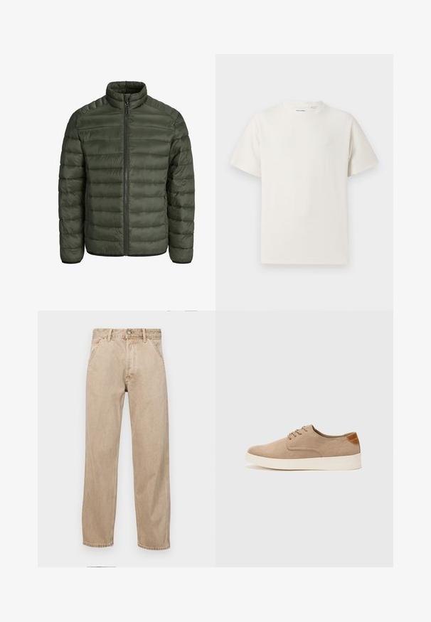 Olivovo zelená prešívaná bunda s vysokým golierom, horizontálnym prešitím, zipsom a elastickými manžetami. Hladký, ľahký materiál.; Biela krátka tričko s krátkym rukávom so žebrovanou textúrou. Okrúhly výstrih, uvoľnený strih, žiadne viditeľné vzory ani akcenty. Jednoduchý a všestranný dizajn.; Bežové denimové rifle so strihom rovného nohu, s prednými vreckami, kovovým zapínaním na gombík a jemnou textúrou.; Béžové semišové tenisky s okrúhlou špičkou, šnurovaním vpredu a textúrovaným zadným akcentom. Biela gumová podrážka poskytuje kontrast. Jednoduchý a moderný dizajn.