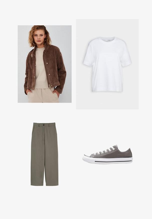Bruine suède jas met een rits aan de voorkant, een opstaande kraag en drukknopen. Gecombineerd met een lichtbeige sweater eronder.; Witte T-shirt met korte mouwen, ronde hals, gemaakt van zacht, glad katoen, met een rechte zoom en minimale details. Eenvoudig en veelzijdig ontwerp.; Brede broek in olijfgroen stof, met een knoopsluiting, voorzakken en een gladde, iets gestructureerde oppervlakte.; Grijze canvas sneaker met witte rubberen zool, zwarte streep en metalen oogjes. Kenmerkt zich door een ronde neus, low-top ontwerp en textiele stof.