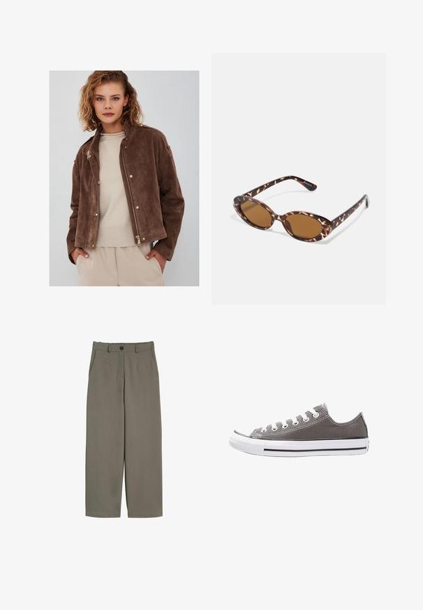 Bruine suède jas met een rits aan de voorkant, een opstaande kraag en drukknopen. Gecombineerd met een lichtbeige sweater eronder.; Witte T-shirt met korte mouwen, ronde hals, gemaakt van zacht, glad katoen, met een rechte zoom en minimale details. Eenvoudig en veelzijdig ontwerp.; Brede broek in olijfgroen stof, met een knoopsluiting, voorzakken en een gladde, iets gestructureerde oppervlakte.; Grijze canvas sneaker met witte rubberen zool, zwarte streep en metalen oogjes. Kenmerkt zich door een ronde neus, low-top ontwerp en textiele stof.; Schildpadvormige zonnebril met ovale lenzen, bruin getint, dunne armen met een gestructureerd patroon, lichtgewicht kunststof frame.