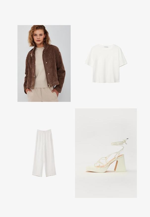 Giacca in suede marrone con zip frontale, colletto rialzato e dettagli con bottoni a pressione. Abbinato a un maglione leggero beige sotto.; T-shirt bianco a maniche corte realizzato in cotone. Presenta un collo tondo e una vestibilità rilassata. Texture liscia senza motivi o dettagli visibili.; Pantaloni a gamba larga bianchi realizzati in un tessuto leggero. Presentano una vita elastica con cordoncino e tasche laterali. Texture liscia.; Sandalo bianco con tacco alto, caratterizzato da un design a cinturini e un legaccio alla caviglia. Texture liscia con una piattaforma frontale per un'altezza aggiuntiva.
