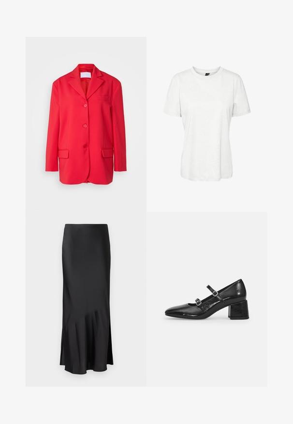 Blazer rosso realizzato in tessuto morbido, con colletto classico, tasca sul petto, due tasche frontali e chiusura con tre bottoni.; T-shirt bianca a maniche corte in cotone, con scollatura rotonda e vestibilità relaxed. Tessuto morbido e senza motivi o decorazioni visibili.; Gonna midi nera in satin con un design elegante, caratterizzata da un leggero svaso all'orlo e uno spacco laterale per facilitare i movimenti. Texture liscia.; Scarpe Mary Jane in pelle patent nera con punta appuntita, due cinturini regolabili e tacco a blocco spesso. Texture liscia e finitura lucida.