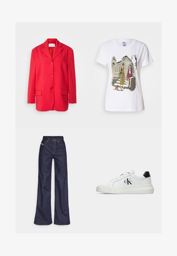 Blazer rosso realizzato in tessuto morbido, con colletto classico, tasca sul petto, due tasche frontali e chiusura con tre bottoni.; T-shirt bianca in cotone con un'illustrazione stampata di due donne in stili di moda urbana con un cane su un attraversamento pedonale e edifici della città.; Jeans a gamba larga di denim blu scuro con vita alta, caratterizzati da cuciture arancioni, design a cinque tasche e chiusura con bottone.; Sneaker bassa bianca con tassello nero sul tallone, suola a piattaforma, lacci e logo "CK" di Calvin Klein sul lato.