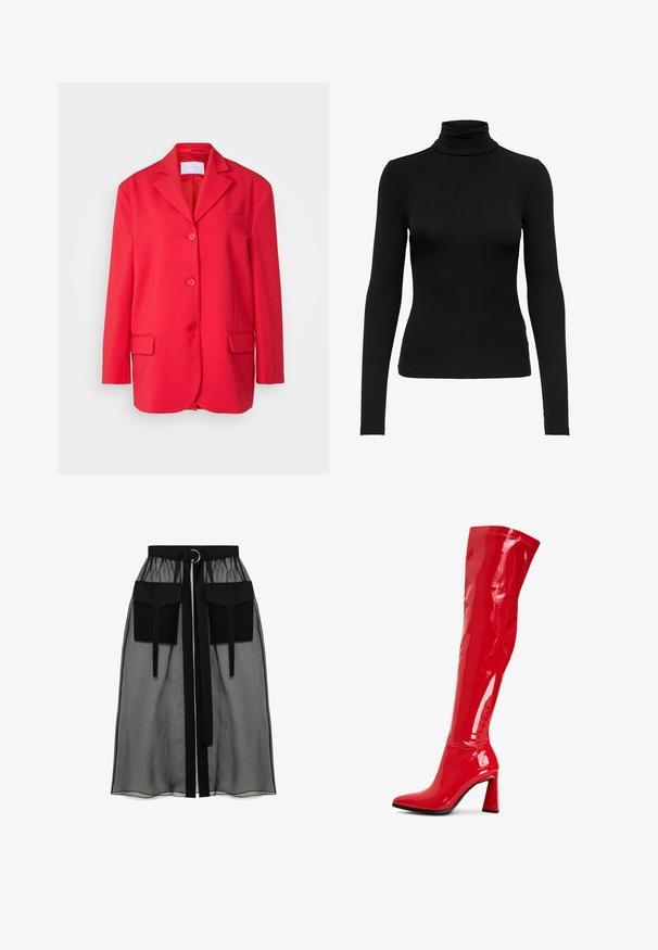 Rød blazer lavet af glat stof, med klassisk krave, enkelt brystlomme, to frontlommer og tre-knaps lukning.; Sort langærmet turtleneck-top lavet af ribbet stof; tætsiddende design med høj krave, glat tekstur og uden synlige mønstre eller accenter.; Sort gennemsigtig nederdel med en rynket talje, der har to store forlommer, et taljebånd og en cirkulær metaldetalje.; Røde lakerede over-knæ støvler med spids tå og kraftig blokhæl. Har en glinsende finish og sømdetaljer langs skaftet.